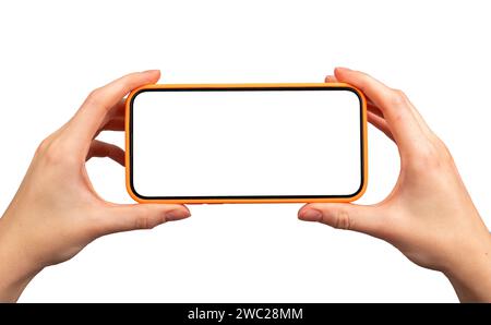 Horizontal screen in hands. Mobile smartphone mockup in hands isolated on white Stock Photo