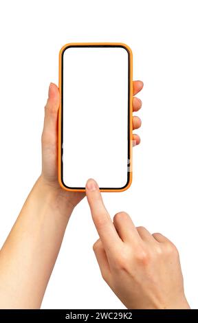 Mobile phone screen mockup, finger touching, tapping, clicking on smartphone isolated on white background. Cellphone mock up, display Stock Photo