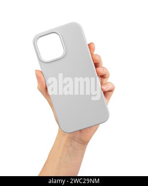 Phone case mockup, silicon plastic blank protector in hand isolated on white Stock Photo