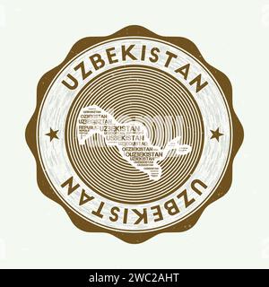Uzbekistan seal. Country round logo with shape of Uzbekistan and country name in multiple languages word cloud. Amazing emblem. Stock Vector