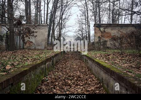 Ditch full of fallen leaves next to a wall in a park in autumn Stock Photo