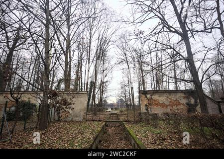 Ditch full of fallen leaves next to a wall in a park in autumn Stock Photo