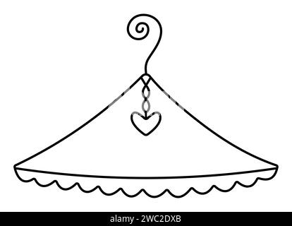 Single cute coat rack sign, creative symbol of black line clothes hanger with a heart, pictogram of clothes rack with spiral and waviness. Editable st Stock Vector