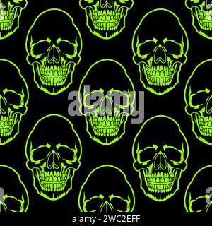 seamless symmetrical pattern of green human skulls on a black background, texture, design Stock Photo