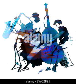 Jazz theme,Contrabass musician and saxophonist.  Expressive Illustration of two jazz musicians on grunge background with music notes. Stock Photo