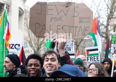 London, UK. 13th Jan, 2024. Thousands of people march past St Paul's Cathedral, calling for a ceasefire in Gaza. One man holds a sign saying 'Jews for Palestine.' Credit: Anna Watson/Alamy Live News Stock Photo