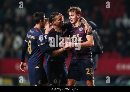 Peterborough United's Hector Kyprianou celebrates after the final whistle alongside Peterborough United's Jadel Katongo during the Sky Bet League One match at The Valley, London. Picture date: Saturday January 13, 2024. Stock Photo