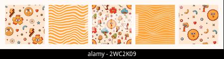 Groovy psychedelic retro seamless patterns.  Stock Vector