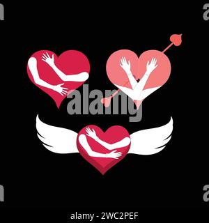 Self hugging line icon, Love yourself, cute cartoon heart character hug. Stock Vector