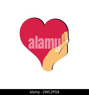 Self hugging line icon, Love yourself, cute cartoon heart character hug. Stock Vector