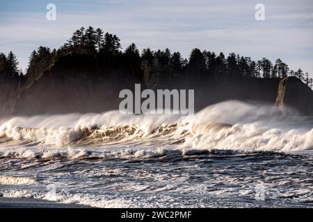 WA24684-00....WASHINGTON - The Pacific Ocean waves and James Island from Rialto Beach in Olympic National Park. Stock Photo