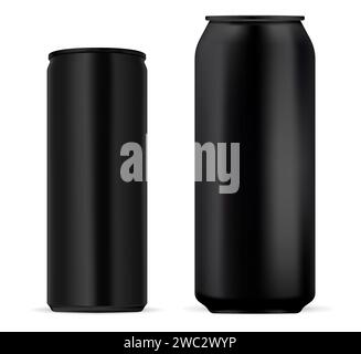Black aluminum beer can vector template. Energy drink package design, slim cylinder shape. Soda can, metal packing. Realistic coffee beverage jar, emp Stock Vector