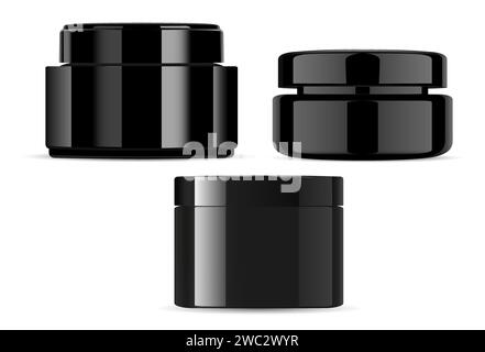 Cream jar. Black plastic container mockup, vector illustration. Black glossy glass package for beauty product, creative concept for advertising, marke Stock Vector