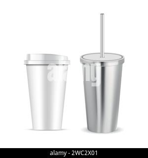 Paper coffee cup with lid mockup. Realistic white package template. Ice tea, juice or milk beverage jar set. Illustration of chocolate milkshake, espr Stock Vector