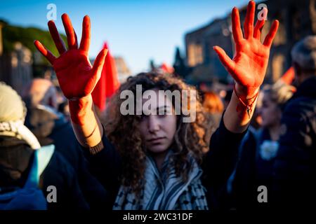 Rome, Italy. 13th Jan, 2024. A woman holds up her red painted hands as hundreds gather in the street to protest against Israel and to support Palestine. (Credit Image: © Marco Di Gianvito/ZUMA Press Wire) EDITORIAL USAGE ONLY! Not for Commercial USAGE! Stock Photo