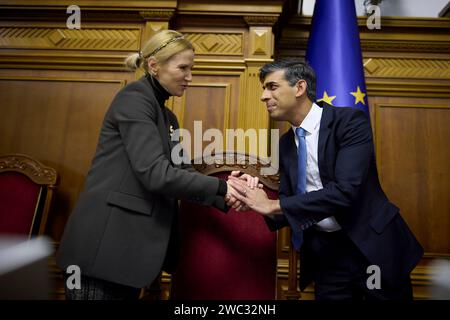 Kiev, Ukraine. 12th Jan, 2024. British Prime Minister Rishi Sunak shakes hands with Olena Kondratiuk, Deputy Speaker of the Verkhovna Rada, the parliament of Ukraine, January 12, 2024 in Kiev, Ukraine. Sunak announced the United Kingdom would provide Ukraine with more than $3 billion in additional military aid and future security guarantees. Credit: Ukraine Presidency/Ukrainian Presidential Press Office/Alamy Live News Stock Photo