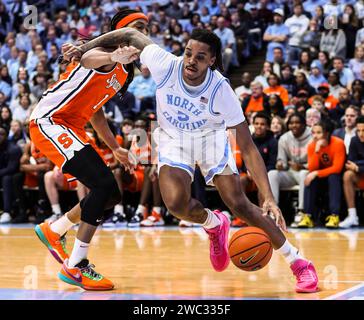 January 13, 2024: North Carolina senior Armando Bacot (5) drives to the basket. NCAA basketball game between Syracuse and University of North Carolina at Dean Smith Center, Chapel Hill, North Carolina. David Beach/CSM Stock Photo