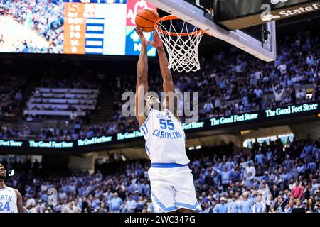 January 13, 2024: North Carolina junior Harrison Ingram (55) misses dunk. NCAA basketball game between Syracuse and University of North Carolina at Dean Smith Center, Chapel Hill, North Carolina. David Beach/CSM Stock Photo