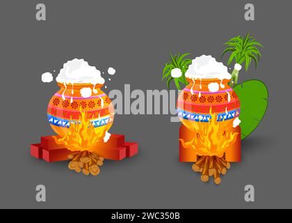Vector illustration of Happy pongal festival of India background with fire and pot. Stock Vector
