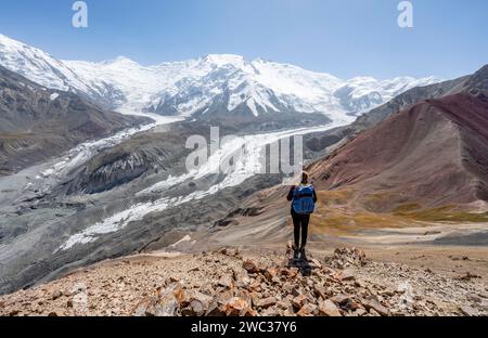Mountaineer at Traveller's Pass with view of impressive mountain landscape, high mountain landscape with glacier moraines and glacier tongues Stock Photo