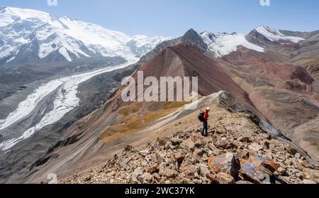 Mountaineer at Traveller's Pass with view of impressive mountain landscape, high mountain landscape with glacier moraines and glacier tongues Stock Photo