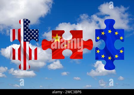 Puzzle pieces, USA, China Europe, trade war, customs union, put together, adjust, customs, tax increase, studio Stock Photo