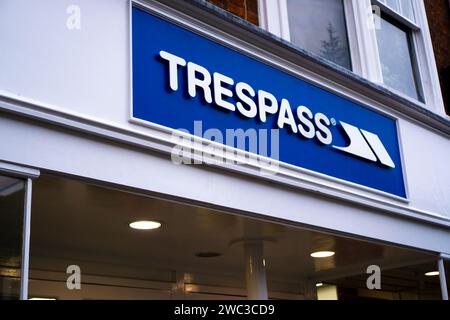 Sign above a Trespass clothes shop showing logo Stock Photo