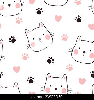 Seamless pattern with cute cat, paw prints and hearts. Vector illustration on pink background. Stock Vector