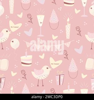 Cute birthday seamless pattern in scandinavian style, festive kawaii background in light pink and yellow colors Stock Vector