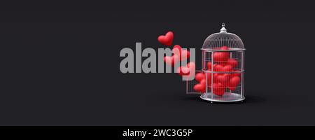 Red heart balloons come out of the birdcage. Valentine's day concept on black background 3d render 3d illustration Stock Photo