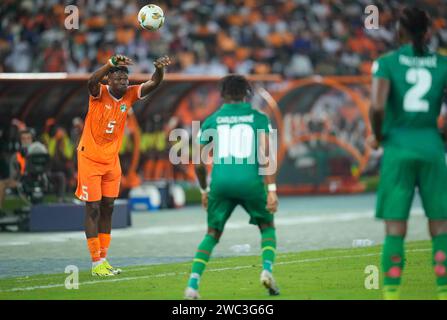 January 13 2024: Wilfried Stephane Singo (Ivory Coast) controls the ball during a African Cup of Nations Group A game, Ivory Coast vs Guinea Bissau, at Stade Olympique Alassane Ouattara, Abidjan, Ivory Coast. Kim Price/CSM Stock Photo