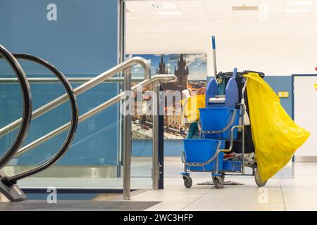 Airport cleaning cart at an empty terminal in Prague Stock Photo