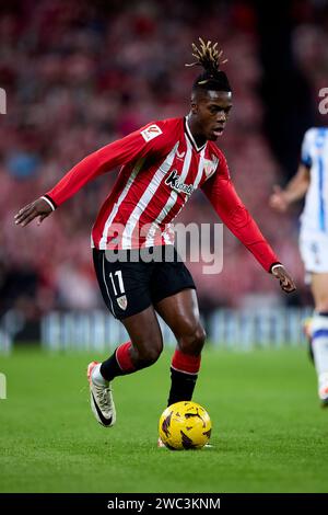 BILBAO, SPAIN - JANUARY 13: Nicholas Williams of Athletic Club during the LaLiga EA Sports match between Athletic Club and Real Sociedad at Estadio de San Mames on January 13, 2024 in Bilbao, Spain. (Photo by QSP) Stock Photo