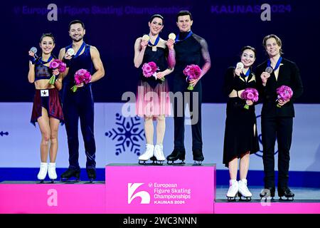 Ice Dance Awards, L-R, Lilah FEAR & Lewis GIBSON (GBR) second place, Charlene GUIGNARD & Marco FABBRI (ITA) first place, Allison REED & Saulius AMBRULEVICIUS (LTU) third place, during Victory Ceremony, at the ISU European Figure Skating Championships 2024, at algiris Arena, on January 13, 2024 in Kaunas, Lithuania. Credit: Raniero Corbelletti/AFLO/Alamy Live News Stock Photo