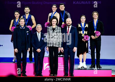 Ice Dance Awards, L-R, Lilah FEAR & Lewis GIBSON (GBR) second place, Charlene GUIGNARD & Marco FABBRI (ITA) first place, Allison REED & Saulius AMBRULEVICIUS (LTU) third place, during Victory Ceremony, at the ISU European Figure Skating Championships 2024, at algiris Arena, on January 13, 2024 in Kaunas, Lithuania. Credit: Raniero Corbelletti/AFLO/Alamy Live News Stock Photo