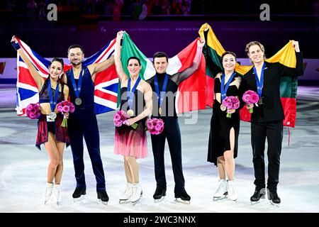 Ice Dance Awards, L-R, Lilah FEAR & Lewis GIBSON (GBR) second place, Charlene GUIGNARD & Marco FABBRI (ITA) first place, Allison REED & Saulius AMBRULEVICIUS (LTU) third place, during Victory Ceremony, at the ISU European Figure Skating Championships 2024, at algiris Arena, on January 13, 2024 in Kaunas, Lithuania. Credit: Raniero Corbelletti/AFLO/Alamy Live News Stock Photo