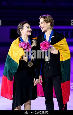 Ice Dance Awards, Allison REED & Saulius AMBRULEVICIUS (LTU) third place, during Victory Ceremony, at the ISU European Figure Skating Championships 2024, at algiris Arena, on January 13, 2024 in Kaunas, Lithuania. Credit: Raniero Corbelletti/AFLO/Alamy Live News Stock Photo