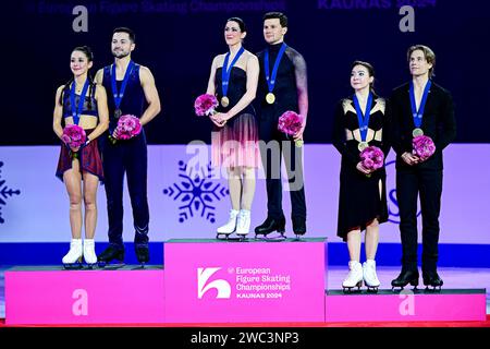 Ice Dance Awards, L-R, Lilah FEAR & Lewis GIBSON (GBR) second place, Charlene GUIGNARD & Marco FABBRI (ITA) first place, Allison REED & Saulius AMBRULEVICIUS (LTU) third place, during Victory Ceremony, at the ISU European Figure Skating Championships 2024, at algiris Arena, on January 13, 2024 in Kaunas, Lithuania. Credit: Raniero Corbelletti/AFLO/Alamy Live News Stock Photo