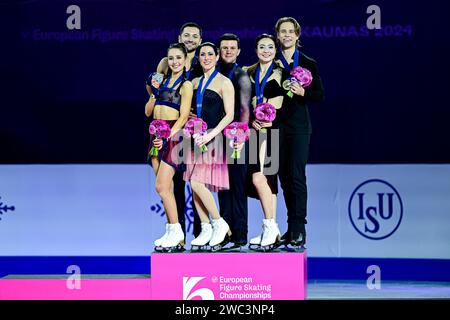 Ice Dance Awards, L-R, Lilah FEAR & Lewis GIBSON (GBR) second place, Charlene GUIGNARD & Marco FABBRI (ITA) first place, Allison REED & Saulius AMBRULEVICIUS (LTU) third place, during Victory Ceremony, at the ISU European Figure Skating Championships 2024, at algiris Arena, on January 13, 2024 in Kaunas, Lithuania. Credit: Raniero Corbelletti/AFLO/Alamy Live News Stock Photo