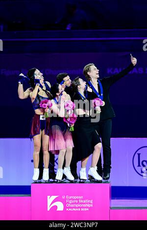 Ice Dance Awards, L-R, Lilah FEAR & Lewis GIBSON (GBR) second place, Charlene GUIGNARD & Marco FABBRI (ITA) first place, Allison REED & Saulius AMBRULEVICIUS (LTU) third place, during Victory Ceremony, at the ISU European Figure Skating Championships 2024, at algiris Arena, on January 13, 2024 in Kaunas, Lithuania. Credit: Raniero Corbelletti/AFLO/Alamy Live News Stock Photo