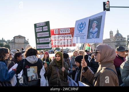 Rome, Italy. 13th Jan, 2024. Protest in Via dei Fori Imperiali in Rome organized by Palestinian Community against genocide in Gaza by Israeli army (Photo by Matteo Nardone/Pacific Press) Credit: Pacific Press Media Production Corp./Alamy Live News Stock Photo