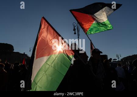 Rome, Italy. 13th Jan, 2024. Palestinian flags during demonstration in Largo Corrado Ricci in Rome organized by Palestinian Community (Photo by Matteo Nardone/Pacific Press) Credit: Pacific Press Media Production Corp./Alamy Live News Stock Photo