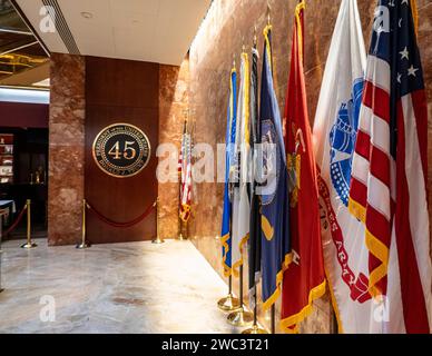 The interior of Trump tower features both restaurants and shops, New York City, USA, 2024 Stock Photo