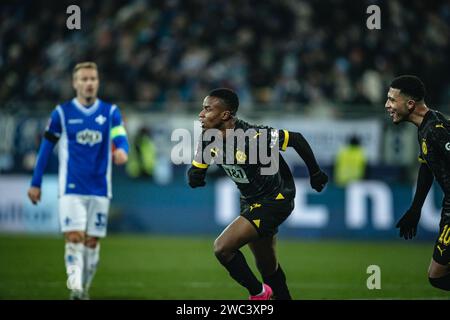 Darmstadt, Germany. 13th Jan, 2024. DARMSTADT, GERMANY - JANUARY 13: Youssoufa Moukoko celebrates their goal during the Bundesliga match between SV Darmstadt 98 and Borussia Dortmund at Merck-Stadion am Boellenfalltor on January 13, 2024 in Darmstadt, Germany. (Photo by Dan O' Connor/ATPImages) (O'CONNOR Dan/ATP/SPP) Credit: SPP Sport Press Photo. /Alamy Live News Stock Photo