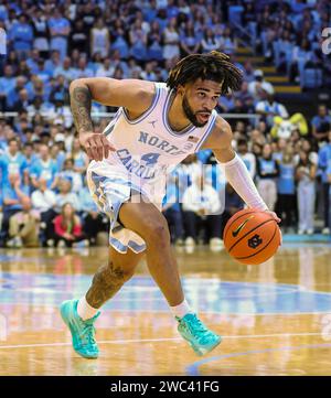 January 13, 2024: North Carolina senior RJ Davis (4) drives to the basket. NCAA basketball game between Syracuse and University of North Carolina at Dean Smith Center, Chapel Hill, North Carolina. David Beach/CSM Stock Photo