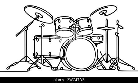 One single line drawing of drum band set. Percussion music instruments ...
