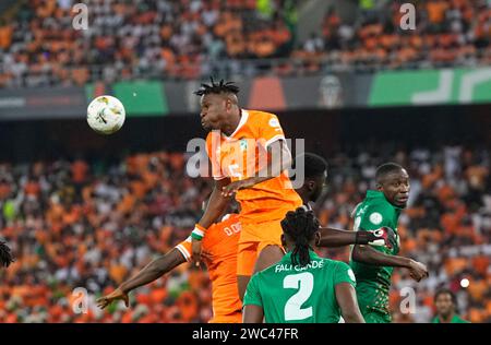 January 13 2024: Wilfried Stephane Singo (Ivory Coast) heads during a African Cup of Nations Group A game, Ivory Coast vs Guinea Bissau, at Stade Olympique Alassane Ouattara, Abidjan, Ivory Coast. Kim Price/CSM Stock Photo