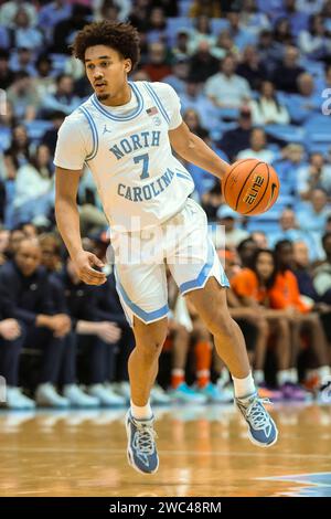 January 13, 2024: North Carolina sophomore Seth Trimble (7) dribbles ball. NCAA basketball game between Syracuse and University of North Carolina at Dean Smith Center, Chapel Hill, North Carolina. David Beach/CSM Stock Photo