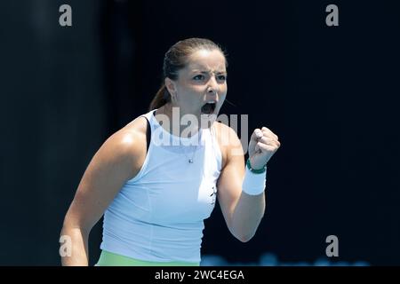 Melbourne, Australia. 14th. Jan., 2024. British tennis player Jodie Burrage celebrates at the Australian Open tournament at  Melbourne Park on Sunday 14 January 2024. © Juergen Hasenkopf / Alamy Live News Stock Photo