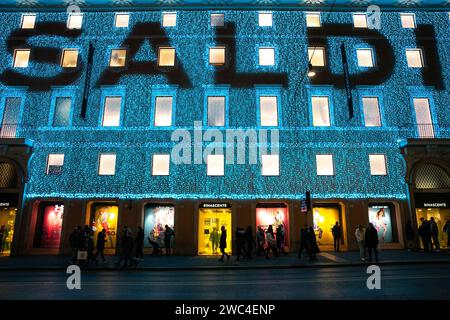 Rome, Italy. 13th Jan, 2024. A light installation for winter sale promotion is seen in Rome, Italy, Jan. 13, 2024. Credit: Li Jing/Xinhua/Alamy Live News Stock Photo